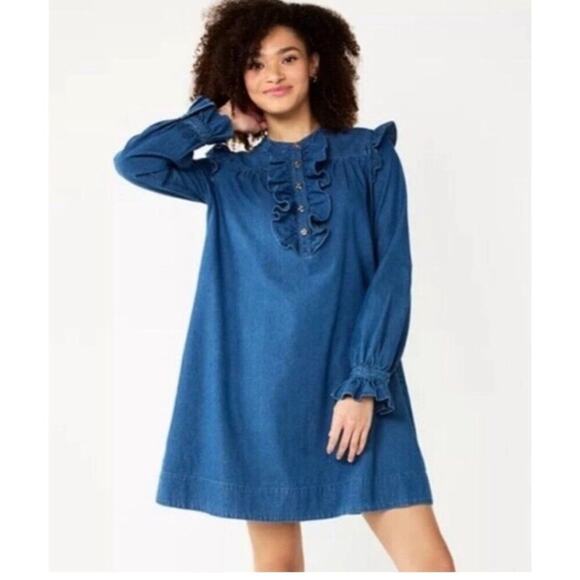 Draper James RSVP blue denim chambray ruff bib trim shift dress size XXL NWT - Picture 1 of 16